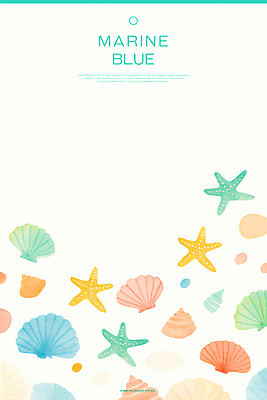 PSD 하늘색 백그라운드 일러스트 조개 수채화 불가사리 해변 사람없음 소라 국내일러스트 바다 어패류 극피동물 파란색 파일형식