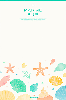 PSD 하늘색 백그라운드 일러스트 조개 수채화 불가사리 해변 사람없음 소라 국내일러스트 바다 어패류 극피동물 파란색 파일형식