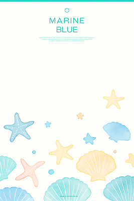 PSD 하늘색 백그라운드 일러스트 조개 수채화 불가사리 해변 사람없음 국내일러스트 바다 어패류 극피동물 파란색 파일형식