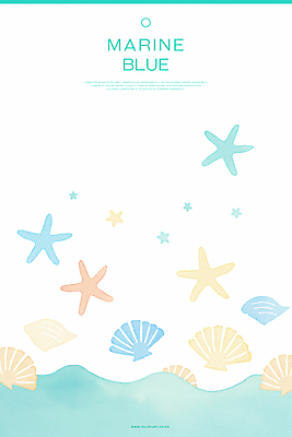 PSD 물결 하늘색 백그라운드 일러스트 조개 수채화 불가사리 해변 사람없음 소라 국내일러스트 바다 어패류 극피동물 파란색 파일형식