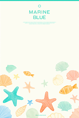 PSD 하늘색 백그라운드 일러스트 조개 수채화 불가사리 해변 사람없음 소라 흰동가리 국내일러스트 바다 어패류 극피동물 어류 파란색 파일형식