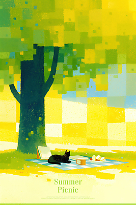 PSD 나무 접시 음식 엎드리기 일러스트 그림자 사람없음 책 초록색 여름 햇빛 소풍 고양이 돗자리 감성 국내일러스트 식물 식기 계절 컬러 컨셉 포유류 모션 반려동물 태양 야외활동 파일형식