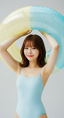 JPG 편집이미지 여자 수영복 한명 미소 들기 성인 튜브 의료성형뷰티 성인여자한명만 편집실사 AI인물포토 AI콘텐츠 1 옷 모션 표정 사람 CG 여자한명만 성인여자만 파일형식 AI포토