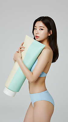 JPG 편집이미지 응시 여자 안기 한명 성인 비키니 화장품 튜브용기 의료성형뷰티 성인여자한명만 편집실사 AI인물포토 AI콘텐츠 1 시선 수영복 모션 사람 뷰티 용기_그릇 CG 여자한명만 성인여자만 파일형식 AI포토