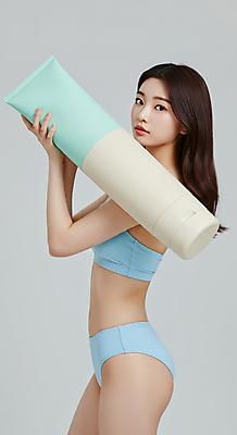 JPG 편집이미지 응시 여자 한명 들기 성인 비키니 화장품 튜브용기 의료성형뷰티 성인여자한명만 편집실사 AI인물포토 AI콘텐츠 1 시선 수영복 모션 사람 뷰티 용기_그릇 CG 여자한명만 성인여자만 파일형식 AI포토