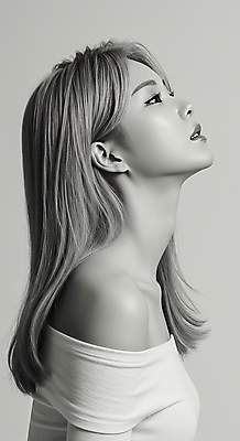 JPG 편집이미지 여자 흑백 한명 상반신 성인 옆모습 올려보기 의료성형뷰티 성인여자한명만 편집실사 오프숄더 AI인물포토 AI콘텐츠 1 뷰포인트 상의 모션 촬영기법 사람 CG 여자한명만 성인여자만 파일형식 AI포토