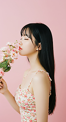 JPG 편집이미지 여자 분홍색 꽃다발 꽃무늬 한명 들기 상반신 성인 옆모습 눈감음 향기 의료성형뷰티 성인여자한명만 편집실사 AI인물포토 AI콘텐츠 1 꽃 뷰포인트 컬러 무늬 모션 사람 CG 냄새 여자한명만 성인여자만 파일형식 AI포토