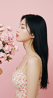 JPG 편집이미지 여자 분홍색 꽃다발 꽃무늬 한명 상반신 성인 옆모습 눈감음 의료성형뷰티 성인여자한명만 편집실사 AI인물포토 AI콘텐츠 1 꽃 뷰포인트 컬러 무늬 모션 사람 CG 여자한명만 성인여자만 파일형식 AI포토