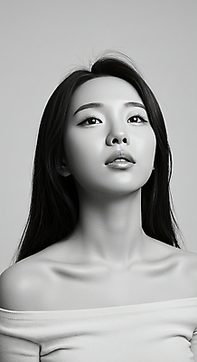 JPG 편집이미지 여자 흑백 한명 상반신 성인 올려보기 의료성형뷰티 성인여자한명만 편집실사 오프숄더 AI인물포토 AI콘텐츠 1 상의 모션 촬영기법 사람 CG 여자한명만 성인여자만 파일형식 AI포토