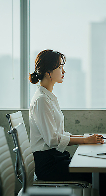 JPG 편집이미지 여자 의자 창문 회의 한명 앉기 정장 성인 옆모습 펜 잡기 비즈니스우먼 집중 책상 회의실 의료성형뷰티 성인여자한명만 편집실사 AI인물포토 AI콘텐츠 1 옷 뷰포인트 가구 컨셉 비즈니스 모션 사람 필기구 직장인 CG 여자한명만 성인여자만 파일형식 AI포토
