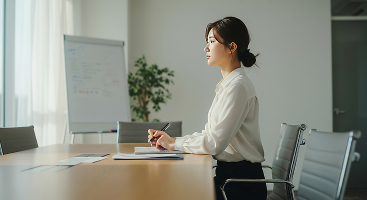 JPG 편집이미지 여자 의자 탁자 회의 한명 앉기 정장 성인 옆모습 펜 잡기 비즈니스우먼 회의실 문서 화이트보드 의료성형뷰티 성인여자한명만 편집실사 AI인물포토 AI콘텐츠 1 옷 뷰포인트 가구 비즈니스 모션 사람 필기구 직장인 CG 여자한명만 성인여자만 파일형식 AI포토