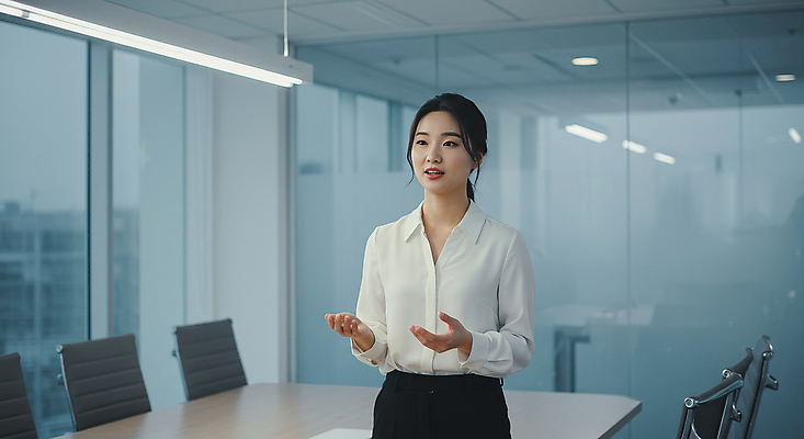 JPG 편집이미지 여자 의자 창문 탁자 회의 전등 한명 정장 손짓 성인 비즈니스우먼 발표 회의실 의료성형뷰티 성인여자한명만 편집실사 AI인물포토 AI콘텐츠 1 옷 가구 비즈니스 모션 조명 사람 직장인 CG 여자한명만 성인여자만 파일형식 AI포토