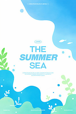 PSD 물결 바다 일러스트 어류 사람없음 여름 파란색 해초 웨이브 물거품 국내일러스트 계절 컬러 수중동물 거품 해조류 파일형식