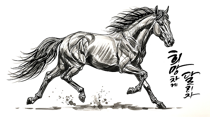 PSD 편집이미지 붓터치 흑백 사람없음 달리기 검은색 희망 말_동물 그림 역동적 이미지편집 병오년 감정 컬러 컨셉 포유류 모션 촬영기법 파일형식 2026년