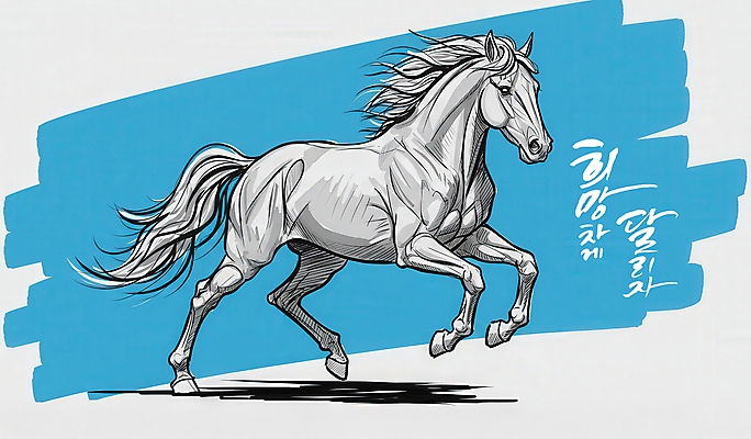 PSD 편집이미지 붓터치 흑백 사람없음 파란색 달리기 희망 말_동물 그림 역동적 이미지편집 병오년 감정 컬러 컨셉 포유류 모션 촬영기법 파일형식 2026년