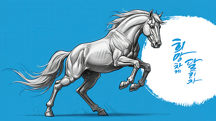 PSD 편집이미지 붓터치 흑백 사람없음 파란색 달리기 희망 말_동물 그림 역동적 이미지편집 병오년 감정 컬러 컨셉 포유류 모션 촬영기법 파일형식 2026년