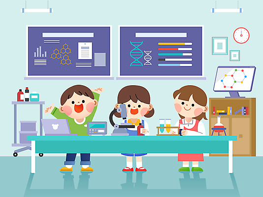 전신 여자 남자 어린이 과학 액자 일러스트 전구 상상 현미경 그림자 미소 들기 소녀 소년 책 세명 파란색 노트북 모니터 만세 병 책상 벽시계 시험관 서랍장 과학교육 과학의날 둥근플라스크 어린이만 과학의달 국내일러스트 AI파일 식기 교육 시계 컬러 가구 모션 표정 실험기구 사람 전자제품 컴퓨터 4월 플라스크 파일형식 벡터 법정기념일