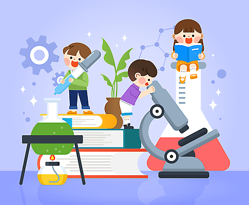 전신 식물 응시 여자 남자 화분 어린이 과학 일러스트 상상 현미경 들기 앉기 소녀 소년 책 세명 반짝임 쌓기 보라색 잡기 스포이트 톱니바퀴 삼각플라스크 과학교육 알코올램프 과학의날 둥근플라스크 어린이만 과학의달 국내일러스트 AI파일 시선 교육 컬러 모션 실험기구 사람 4월 플라스크 피펫 파일형식 벡터 법정기념일