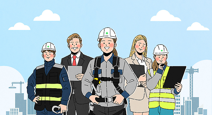 구름 여자 남자 허리손 하늘색 일러스트 하늘 작업복 미소 들기 정장 빌딩 여러명 상반신 성인 태블릿 전문직 안전모 공사인부 서류판 성인만 국내일러스트 AI파일 자연요소 직업 옷 포즈 다수 모션 표정 사람 건물 파란색 전자제품 스마트기기 사무용품 헬멧 안전장비 파일형식 벡터 건설근로자