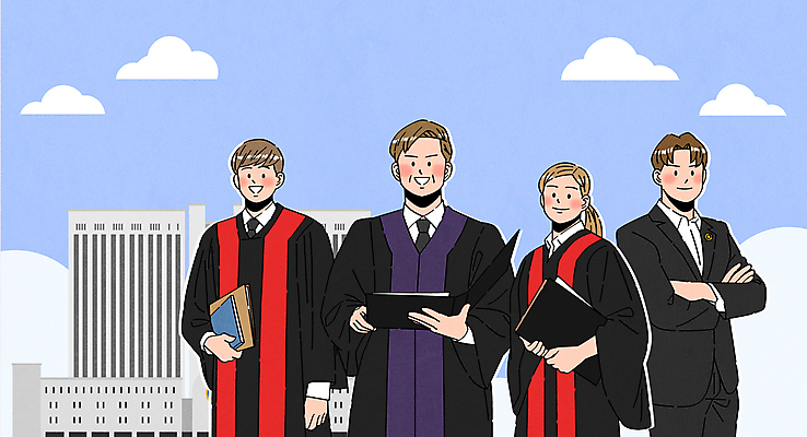 구름 여자 남자 일러스트 하늘 미소 들기 정장 빌딩 여러명 상반신 성인 팔짱 판사복 전문직 판사 검사_법률가 문서 변호사 성인만 국내일러스트 AI파일 자연요소 직업 옷 다수 모션 표정 사람 건물 가운 법률가 파일형식 벡터