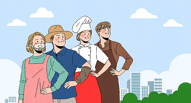 구름 모자 여자 남자 허리손 하늘색 일러스트 하늘 요리사모자 마스크 빌딩 여러명 상반신 성인 요리사 앞치마 풀 전문직 농부 조리복 바리스타 성인만 소상공인 국내일러스트 AI파일 자연요소 식물 직업 모자_잡화 잡화 포즈 다수 유니폼 사람 건물 경제 파란색 상인 파일형식 벡터