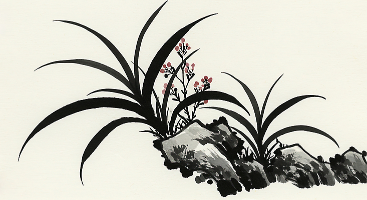 JPG 일러스트 붓터치 수묵화 사람없음 검은색 돌_바위 한국화 난초꽃 국내일러스트 AI일러스트 AI콘텐츠 꽃 컬러 미술 난초 동양화 파일형식