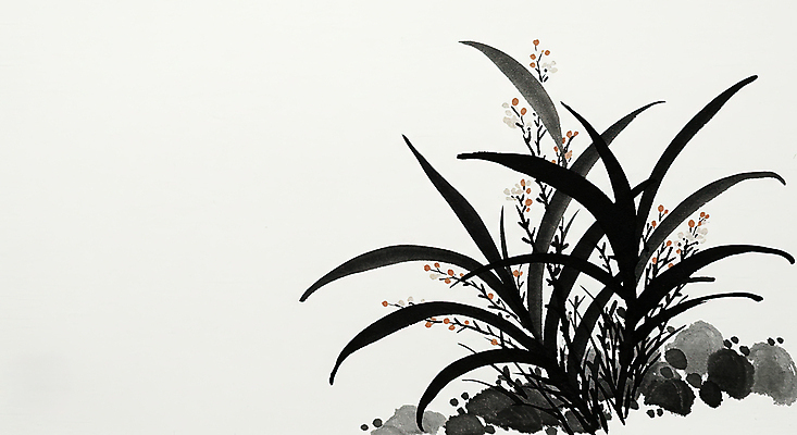 JPG 일러스트 붓터치 수묵화 사람없음 검은색 돌_바위 한국화 난초꽃 국내일러스트 AI일러스트 AI콘텐츠 꽃 컬러 미술 난초 동양화 파일형식