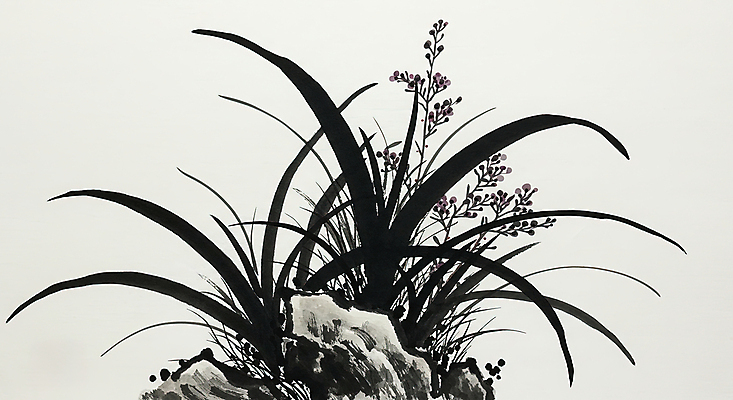 JPG 일러스트 붓터치 수묵화 사람없음 검은색 돌_바위 한국화 난초꽃 국내일러스트 AI일러스트 AI콘텐츠 꽃 컬러 미술 난초 동양화 파일형식