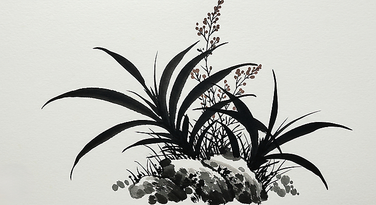 JPG 일러스트 붓터치 수묵화 사람없음 검은색 돌_바위 한국화 난초꽃 국내일러스트 AI일러스트 AI콘텐츠 꽃 컬러 미술 난초 동양화 파일형식