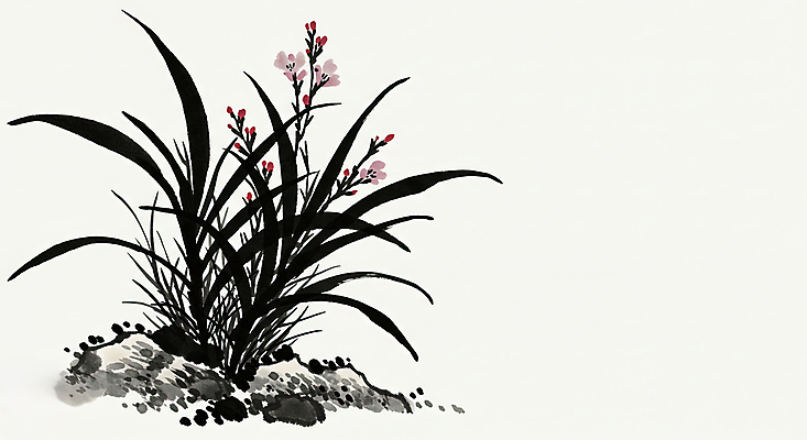 JPG 일러스트 붓터치 수묵화 사람없음 검은색 돌_바위 한국화 난초꽃 국내일러스트 AI일러스트 AI콘텐츠 꽃 컬러 미술 난초 동양화 파일형식