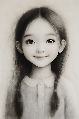 JPG 여자 어린이 일러스트 한명 미소 소녀 상반신 앞모습 검은색 스케치 인물화 소녀한명만 국내일러스트 AI일러스트 AI콘텐츠 1 뷰포인트 컬러 표정 미술 사람 그림 여자한명만 소녀만 파일형식