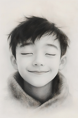 JPG 남자 어린이 일러스트 한명 미소 소년 상반신 앞모습 눈감음 검은색 스케치 인물화 소년한명만 국내일러스트 AI일러스트 AI콘텐츠 1 뷰포인트 컬러 모션 표정 미술 사람 그림 남자한명만 소년만 파일형식