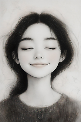 JPG 여자 일러스트 한명 미소 상반신 성인 앞모습 눈감음 검은색 스케치 인물화 성인여자한명만 국내일러스트 AI일러스트 AI콘텐츠 1 뷰포인트 컬러 모션 표정 미술 사람 그림 여자한명만 성인여자만 파일형식