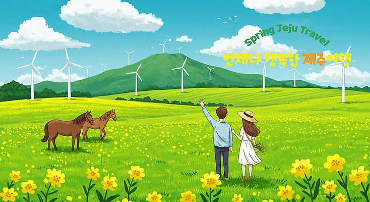 전신 PSD 구름 모자 커플 여자 남자 행복 꽃밭 가방 일러스트 자연 하늘 초원 성인 두명 뒷모습 손들기 말_동물 풀 풍력기 한라산 봄여행 유채밭 제주도여행 성인만 국내일러스트 자연요소 식물 잡화 꽃 감정 뷰포인트 여행 밭 포유류 관계 모션 산 사람 제주도 봄 풍력에너지 유채 생태계 파일형식