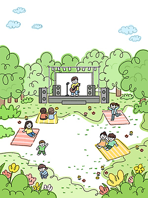 전신 PSD 나무 구름 커플 여자 남자 어린이 일러스트 봄꽃 하늘 조명 미소 들기 앉기 소녀 소년 잔디 여러명 성인 초록색 손들기 걷기 스피커 봄풍경 공연 만세 무대 풀 클래식기타 숲속 스탠드마이크 즐거움 돗자리 웅크림 다리들기 봄축제 국내일러스트 자연요소 식물 꽃 감정 컬러 음향기기 다수 관계 모션 표정 사람 풍경 이벤트 축제 봄 기타 숲 마이크 파일형식