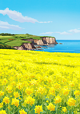 JPG 구름 바다 하늘색 꽃밭 일러스트 하늘 초원 사람없음 제주도 노란색 봄풍경 유채밭 수평선 국내일러스트 AI일러스트 AI콘텐츠 자연요소 꽃 컬러 밭 한국 풍경 파란색 봄 유채 파일형식