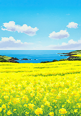 JPG 구름 바다 하늘색 꽃밭 일러스트 하늘 사람없음 제주도 노란색 봄풍경 유채밭 수평선 국내일러스트 AI일러스트 AI콘텐츠 자연요소 꽃 컬러 밭 한국 풍경 파란색 봄 유채 파일형식