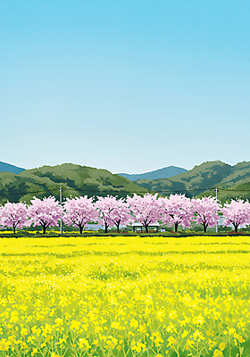 JPG 하늘색 꽃밭 일러스트 하늘 산 사람없음 제주도 노란색 봄풍경 벚나무 전봇대 유채밭 국내일러스트 AI일러스트 AI콘텐츠 나무 공공시설 꽃 컬러 밭 한국 풍경 파란색 봄 벚꽃 유채 파일형식