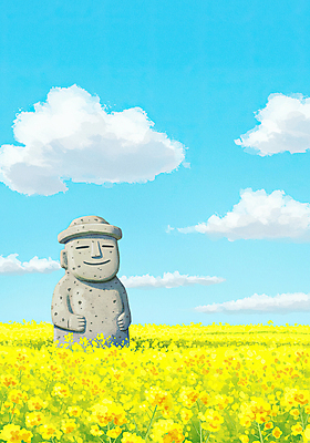 JPG 하늘색 꽃밭 일러스트 하늘 사람없음 제주도 노란색 봄풍경 돌하르방 유채밭 국내일러스트 AI일러스트 AI콘텐츠 꽃 컬러 밭 한국 풍경 파란색 봄 유채 파일형식