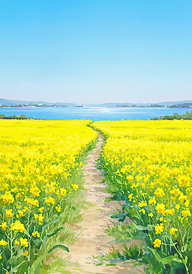 JPG 길 바다 하늘색 꽃밭 일러스트 하늘 사람없음 제주도 노란색 봄풍경 유채밭 수평선 국내일러스트 AI일러스트 AI콘텐츠 꽃 컬러 밭 한국 풍경 파란색 봄 유채 파일형식