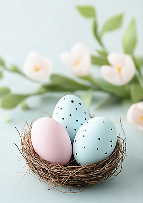 JPG 편집이미지 꽃 기독교 하늘색 잎 사람없음 천주교 둥지 부활절계란 편집실사 AI포토 AI콘텐츠 식물 종교 부활절 파란색 계란 CG 파일형식