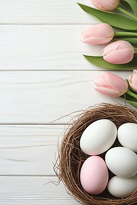 JPG 편집이미지 기독교 잎 사람없음 천주교 튤립 흰색 둥지 부활절계란 나무바닥 편집실사 AI포토 AI콘텐츠 식물 꽃 종교 컬러 부활절 바닥 계란 CG 파일형식