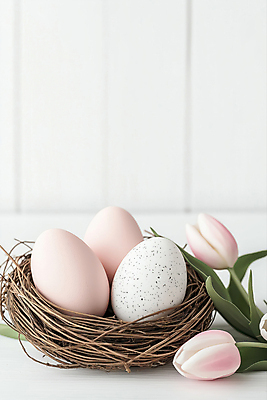 JPG 편집이미지 기독교 잎 사람없음 천주교 튤립 흰색 둥지 부활절계란 편집실사 AI포토 AI콘텐츠 식물 꽃 종교 컬러 부활절 계란 CG 파일형식