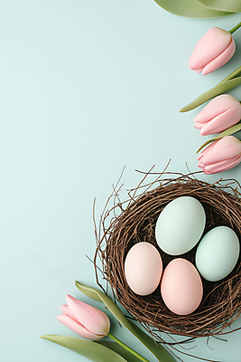 JPG 편집이미지 기독교 하늘색 잎 사람없음 천주교 튤립 둥지 부활절계란 편집실사 AI포토 AI콘텐츠 식물 꽃 종교 부활절 파란색 계란 CG 파일형식