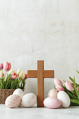 JPG 편집이미지 기독교 잎 사람없음 천주교 튤립 흰색 부활절계란 꽃바구니 나무십자가 편집실사 AI포토 AI콘텐츠 식물 꽃 종교 컬러 십자가 부활절 바구니 계란 CG 파일형식