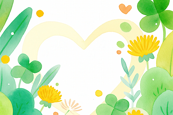 JPG 잎 일러스트 봄꽃 수채화 프레임 사람없음 초록색 노란색 하트 네잎클로버 민들레 싱그러움 국내일러스트 AI일러스트 AI콘텐츠 모양 식물 꽃 컬러 봄 클로버 파일형식