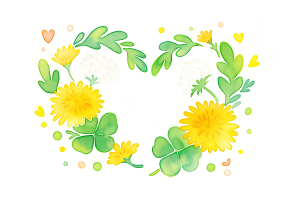 JPG 잎 일러스트 봄꽃 수채화 프레임 사람없음 초록색 노란색 하트 네잎클로버 민들레 싱그러움 국내일러스트 AI일러스트 AI콘텐츠 모양 식물 꽃 컬러 봄 클로버 파일형식
