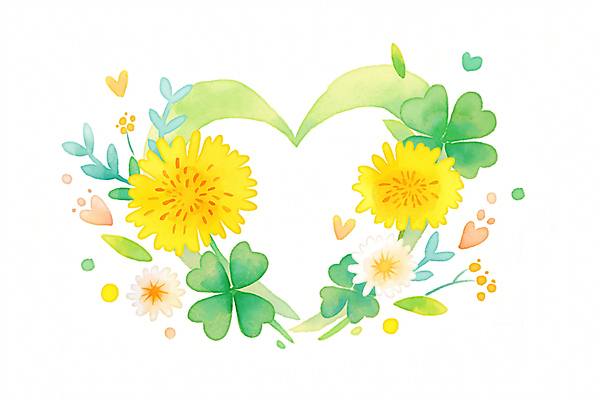 JPG 잎 일러스트 봄꽃 수채화 프레임 사람없음 초록색 노란색 하트 네잎클로버 민들레홀씨 싱그러움 국내일러스트 AI일러스트 AI콘텐츠 모양 식물 꽃 컬러 봄 클로버 민들레 파일형식