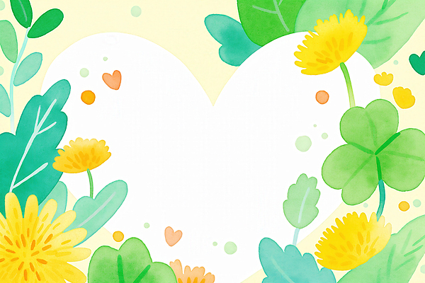 JPG 잎 일러스트 봄꽃 수채화 프레임 사람없음 초록색 노란색 하트 민들레 세잎클로버 싱그러움 국내일러스트 AI일러스트 AI콘텐츠 모양 식물 꽃 컬러 봄 클로버 파일형식