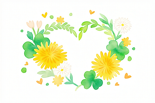 JPG 잎 일러스트 봄꽃 수채화 프레임 사람없음 초록색 노란색 하트 민들레홀씨 세잎클로버 싱그러움 국내일러스트 AI일러스트 AI콘텐츠 모양 식물 꽃 컬러 봄 클로버 민들레 파일형식